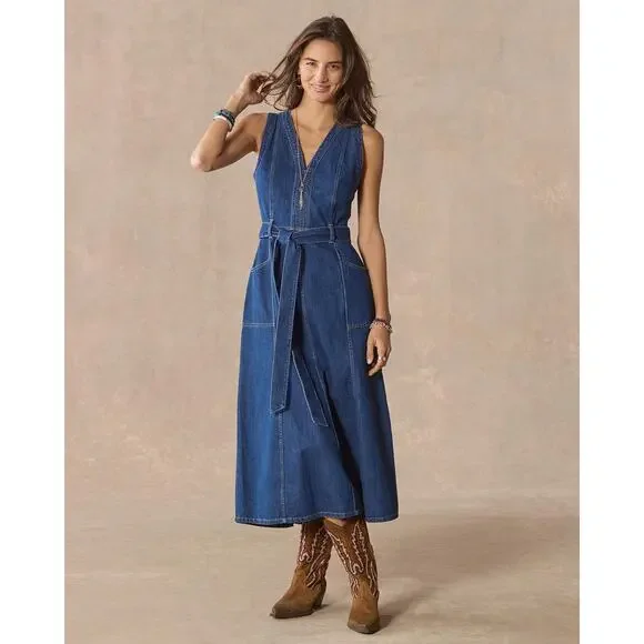 Sundance Poppy Denim Maxi Dress in Light Wash, size 8 Western Coastal Cowgirl - Picture 3 of 15